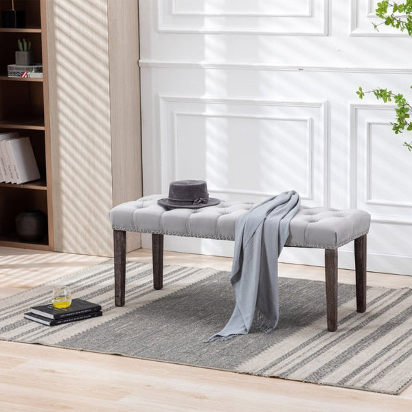 English Elm Heng Ming Velvet Button Tufted Bench Ottoman for Entryway Bedroom or Dining Room Light Gray W212P300164