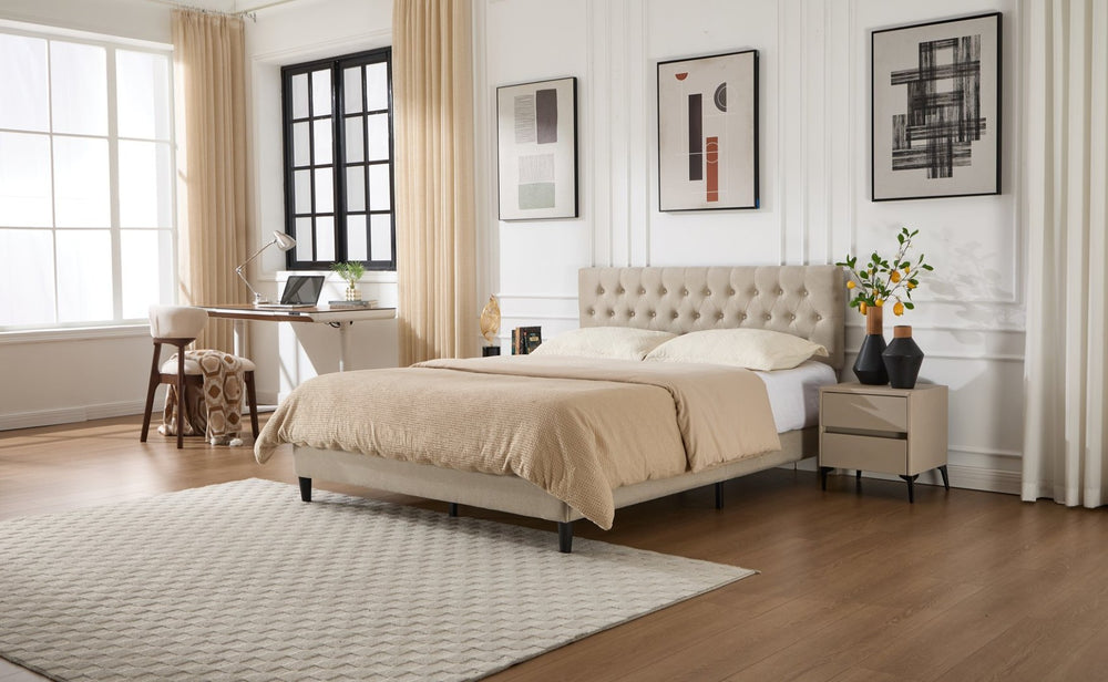 English Elm Queen Boucle Platform Bed with Channel Tufted Headboard Mid-century Bedroom Style W212P410187