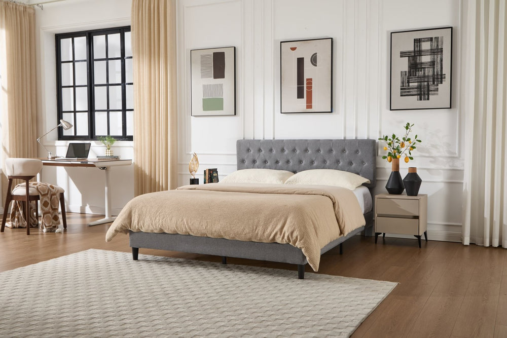 English Elm Queen Boucle Platform Bed with Channel Tufted Headboard for Mid Century Bedroom Gray W212P410188