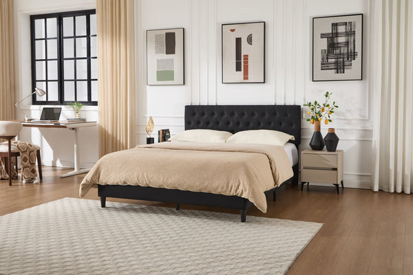 English Elm Queen Boucle Platform Bed with Channel Tufted Headboard for Mid Century Bedroom Black W212P410189