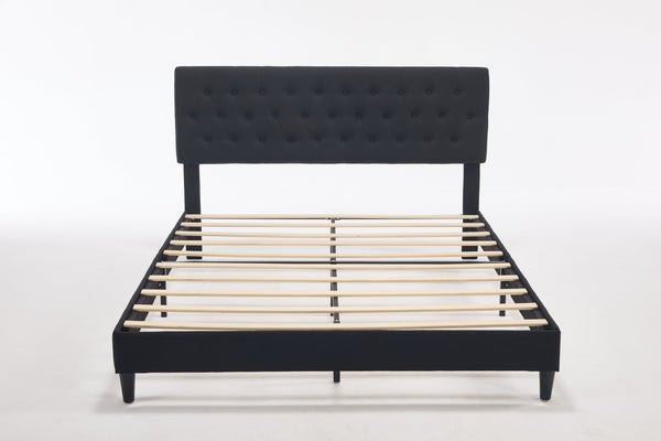 English Elm Queen Boucle Platform Bed with Channel Tufted Headboard for Mid Century Bedroom Black W212P410189