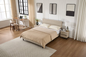 English Elm Queen Platform Bed Boucle Upholstered Channel Tufted Headboard Mid-Century Modern Frame Beige W212P410191