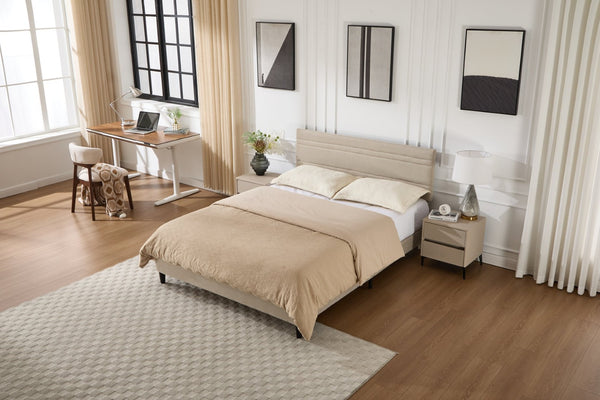 English Elm Queen Platform Bed Boucle Upholstered Channel Tufted Headboard Mid-Century Modern Frame Beige W212P410191
