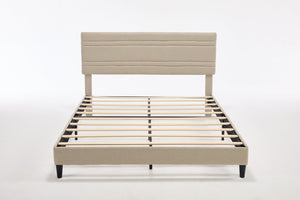 English Elm Queen Platform Bed Boucle Upholstered Channel Tufted Headboard Mid-Century Modern Frame Beige W212P410191