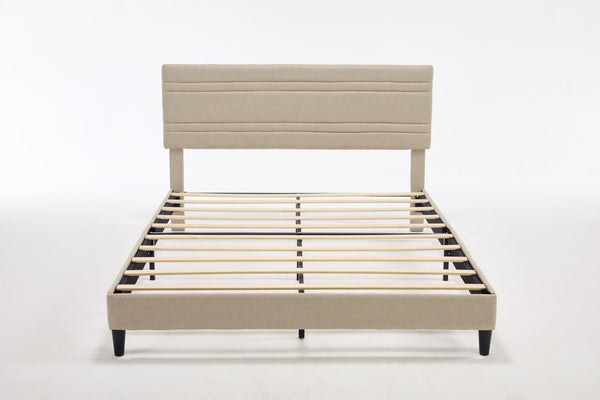 English Elm Queen Platform Bed Boucle Upholstered Channel Tufted Headboard Mid-Century Modern Frame Beige W212P410191