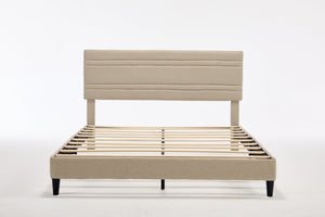 English Elm Queen Platform Bed Boucle Upholstered Channel Tufted Headboard Mid-Century Modern Frame Beige W212P410191