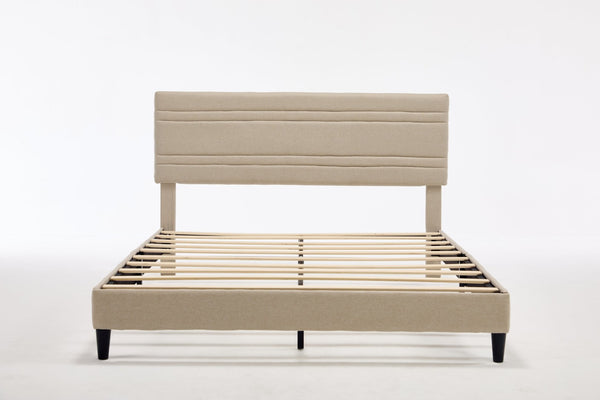 English Elm Queen Platform Bed Boucle Upholstered Channel Tufted Headboard Mid-Century Modern Frame Beige W212P410191