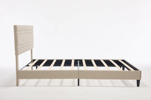 English Elm Queen Platform Bed Boucle Upholstered Channel Tufted Headboard Mid-Century Modern Frame Beige W212P410191