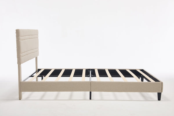 English Elm Queen Platform Bed Boucle Upholstered Channel Tufted Headboard Mid-Century Modern Frame Beige W212P410191