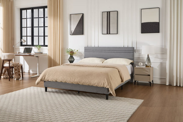 English Elm Queen Platform Bed Boucle Upholstered Channel Tufted Headboard Mid-Century Modern Frame Gray W212P410192