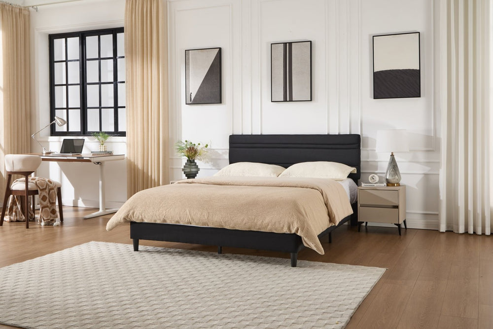 English Elm Queen Platform Bed Boucle Upholstered Channel Tufted Headboard Mid-Century Modern Frame Black W212P410193