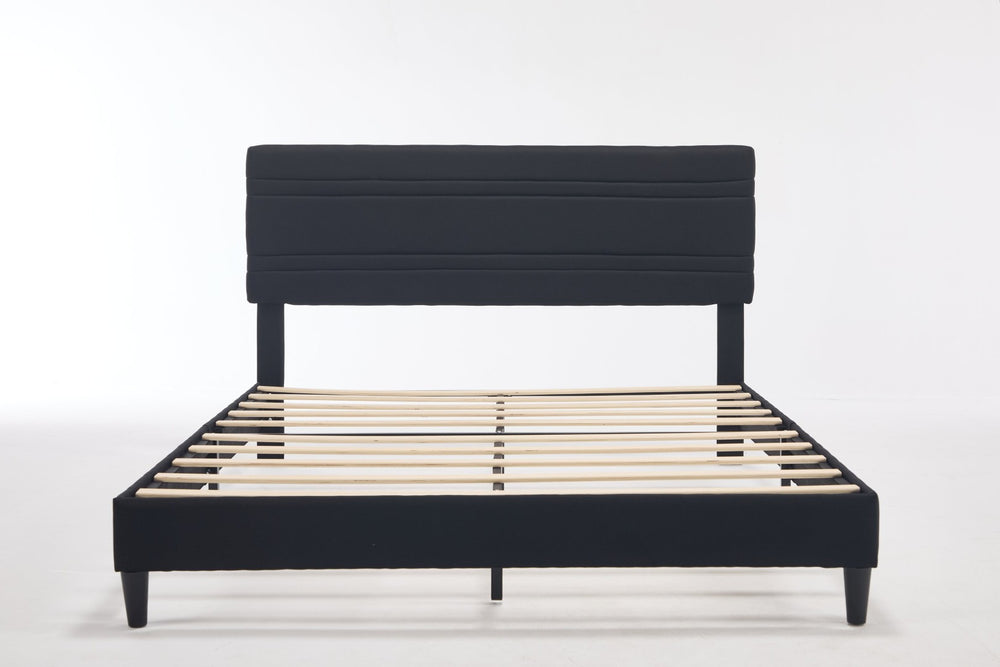 English Elm Queen Platform Bed Boucle Upholstered Channel Tufted Headboard Mid-Century Modern Frame Black W212P410193