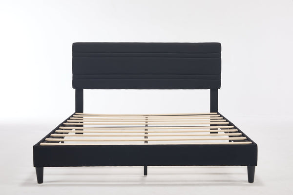 English Elm Queen Platform Bed Boucle Upholstered Channel Tufted Headboard Mid-Century Modern Frame Black W212P410193