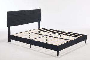 English Elm Queen Platform Bed Boucle Upholstered Channel Tufted Headboard Mid-Century Modern Frame Black W212P410193