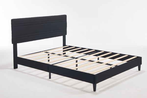 English Elm Queen Platform Bed Boucle Upholstered Channel Tufted Headboard Mid-Century Modern Frame Black W212P410193