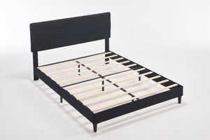 English Elm Queen Platform Bed Boucle Upholstered Channel Tufted Headboard Mid-Century Modern Frame Black W212P410193