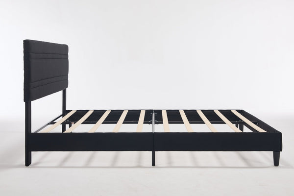English Elm Queen Platform Bed Boucle Upholstered Channel Tufted Headboard Mid-Century Modern Frame Black W212P410193