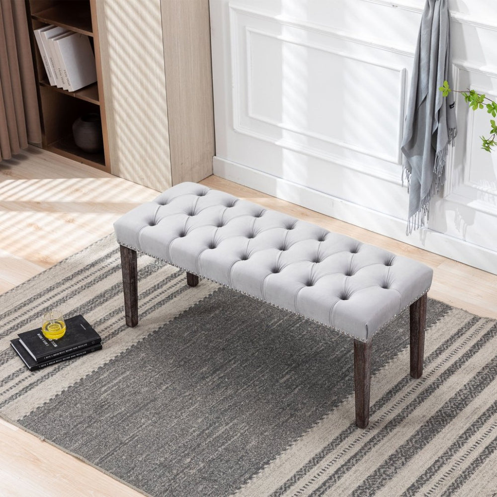 English Elm Heng Ming Velvet Tufted Ottoman Bench with Rubberwood Legs for Bedroom or Entryway W212P448960