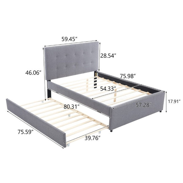 English Elm Hengming Full Platform Bed Linen Headboard Pine Frame with Pull Out Trundle W212P465290
