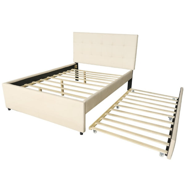 English Elm Hengming Full Platform Bed with Linen Upholstered Headboard Pine Frame and Trundle W212P465314