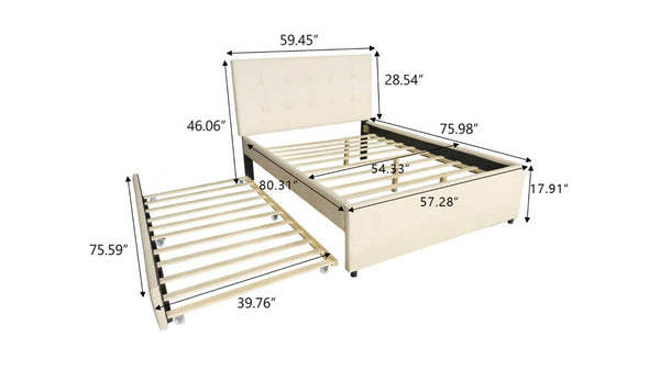 English Elm Hengming Full Platform Bed with Linen Upholstered Headboard Pine Frame and Trundle W212P465314