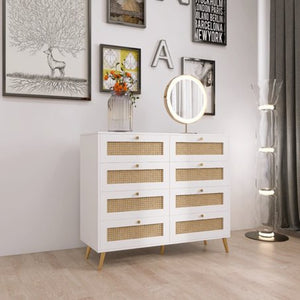 English Elm White Eight Drawer Chest with Woven Rattan Fronts Gold Legs Mid Century Bedroom W2139142764