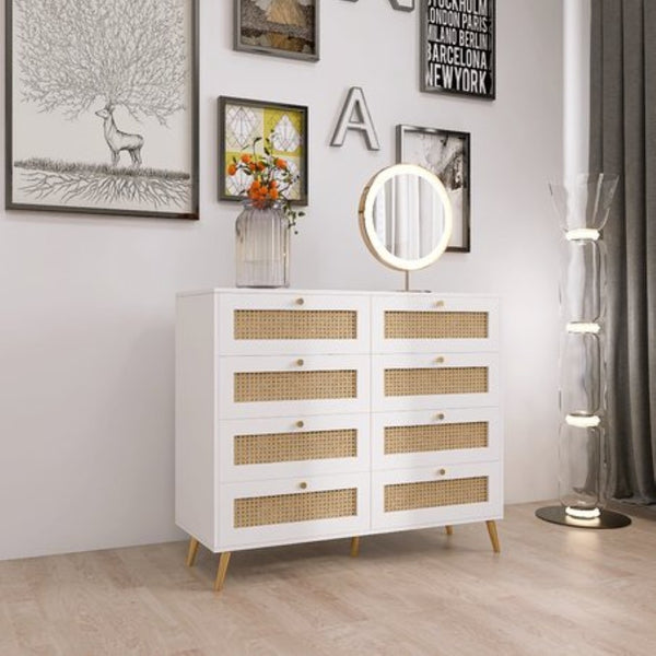 English Elm White Eight Drawer Chest with Woven Rattan Fronts Gold Legs Mid Century Bedroom W2139142764
