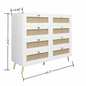 English Elm White Eight Drawer Chest with Woven Rattan Fronts Gold Legs Mid Century Bedroom W2139142764