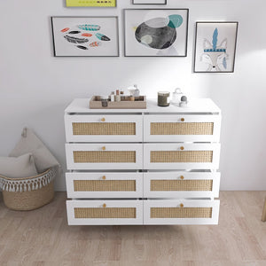 English Elm White Eight Drawer Chest with Woven Rattan Fronts Gold Legs Mid Century Bedroom W2139142764