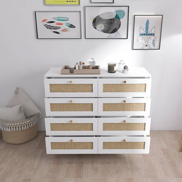English Elm White Eight Drawer Chest with Woven Rattan Fronts Gold Legs Mid Century Bedroom W2139142764