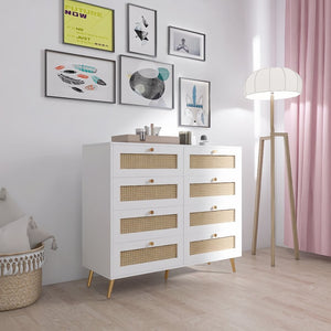 English Elm White Eight Drawer Chest with Woven Rattan Fronts Gold Legs Mid Century Bedroom W2139142764