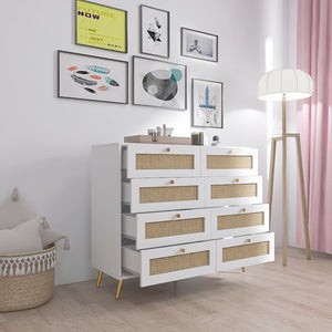 English Elm White Eight Drawer Chest with Woven Rattan Fronts Gold Legs Mid Century Bedroom W2139142764