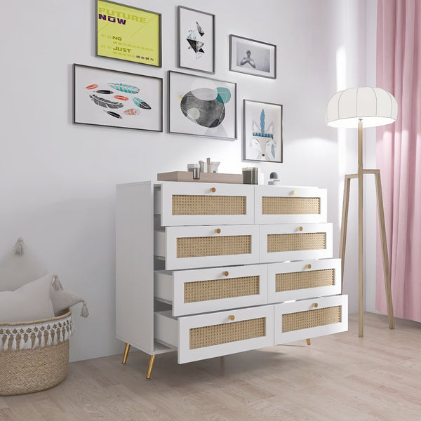 English Elm White Eight Drawer Chest with Woven Rattan Fronts Gold Legs Mid Century Bedroom W2139142764