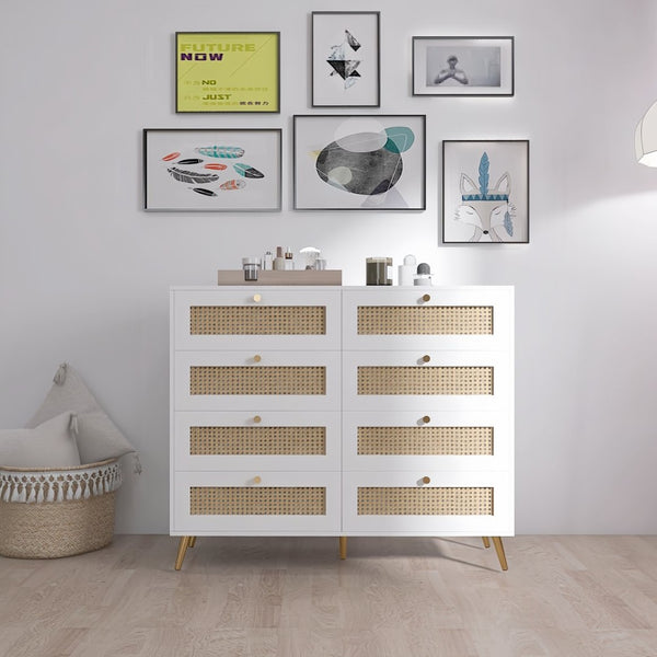 English Elm White Eight Drawer Chest with Woven Rattan Fronts Gold Legs Mid Century Bedroom W2139142764