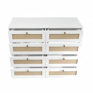 English Elm White Eight Drawer Chest with Woven Rattan Fronts Gold Legs Mid Century Bedroom W2139142764