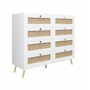 English Elm White Eight Drawer Chest with Woven Rattan Fronts Gold Legs Mid Century Bedroom W2139142764