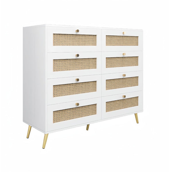 English Elm White Eight Drawer Chest with Woven Rattan Fronts Gold Legs Mid Century Bedroom W2139142764