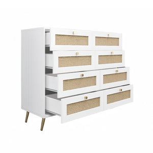 English Elm White Eight Drawer Chest with Woven Rattan Fronts Gold Legs Mid Century Bedroom W2139142764