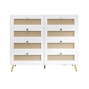 English Elm White Eight Drawer Chest with Woven Rattan Fronts Gold Legs Mid Century Bedroom W2139142764