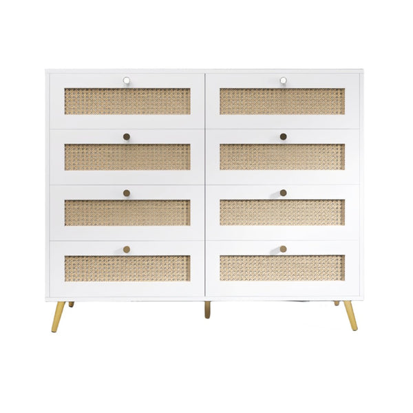 English Elm White Eight Drawer Chest with Woven Rattan Fronts Gold Legs Mid Century Bedroom W2139142764