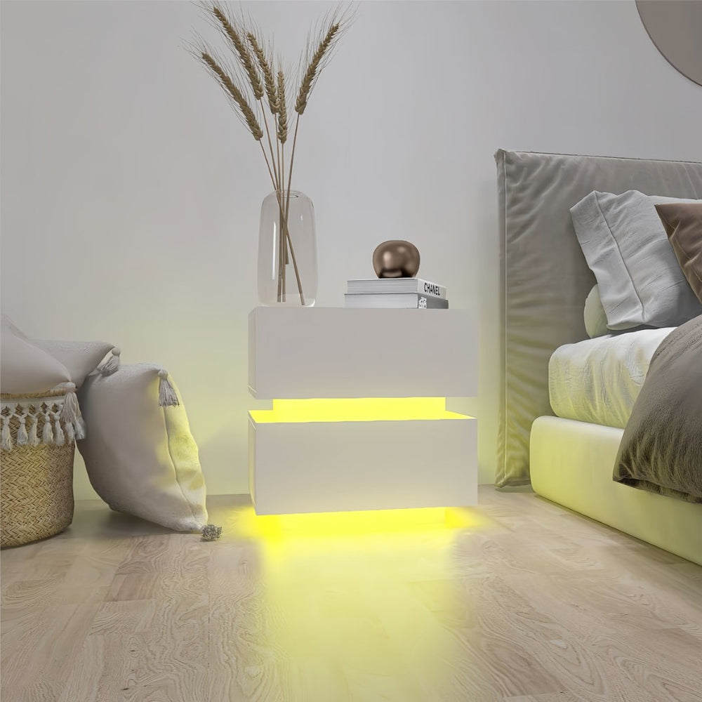 English Elm White High Gloss Two Drawer Nightstand with Rgb Led Bluetooth Ambient Bedroom Storage W2139142767