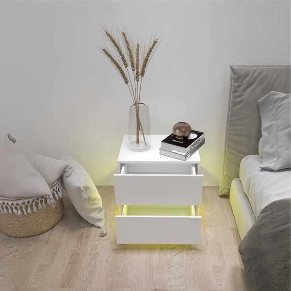 English Elm White High Gloss Two Drawer Nightstand with Rgb Led Bluetooth Ambient Bedroom Storage W2139142767