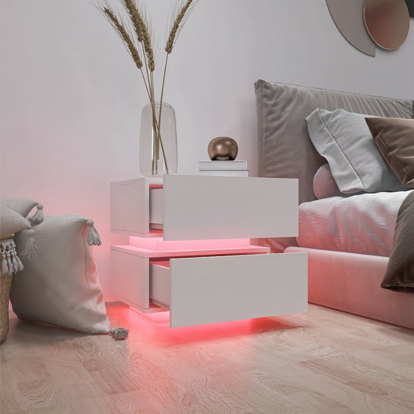 English Elm White High Gloss Two Drawer Nightstand with Rgb Led Bluetooth Ambient Bedroom Storage W2139142767