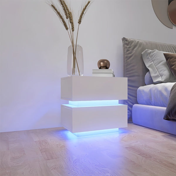 English Elm White High Gloss Two Drawer Nightstand with Rgb Led Bluetooth Ambient Bedroom Storage W2139142767
