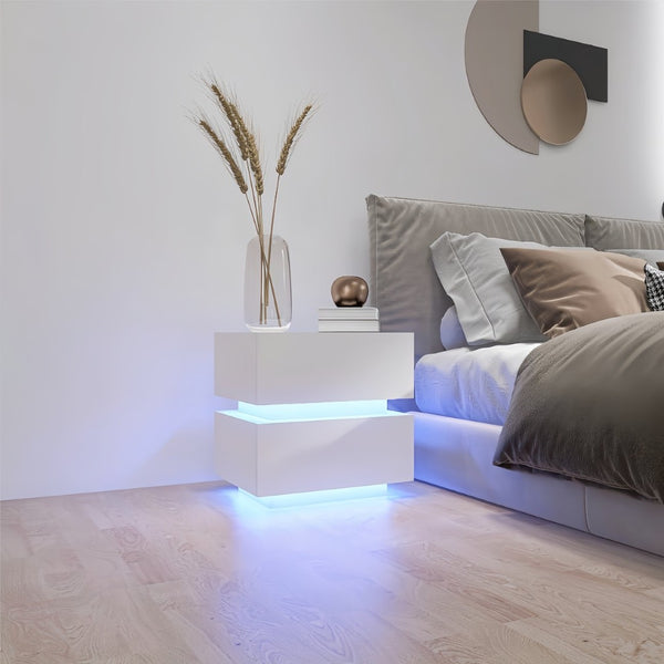 English Elm White High Gloss Two Drawer Nightstand with Rgb Led Bluetooth Ambient Bedroom Storage W2139142767