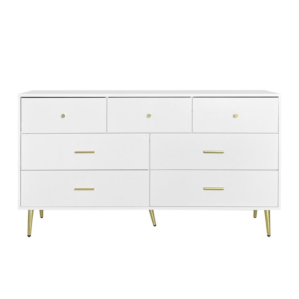 English Elm Seven Drawer Glam Dresser White Lacquer Mdf Body Gold Legs Bedroom Storage Chest W2139P143414
