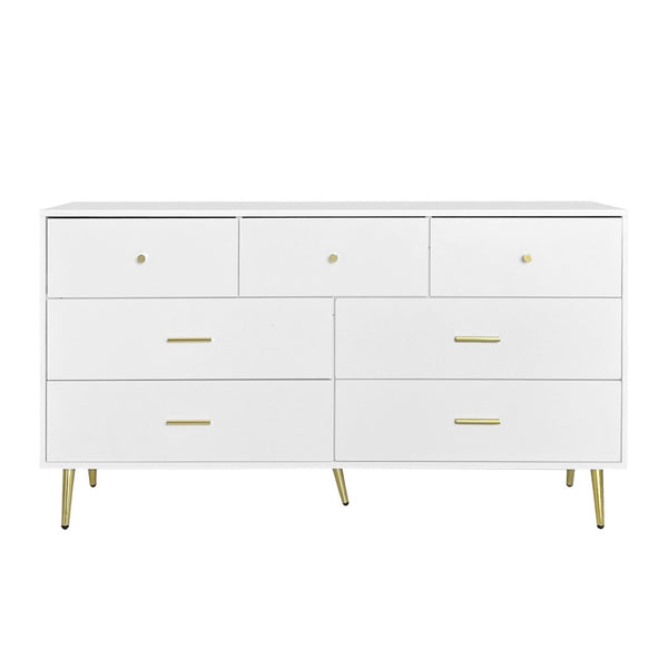 English Elm Seven Drawer Glam Dresser White Lacquer Mdf Body Gold Legs Bedroom Storage Chest W2139P143414