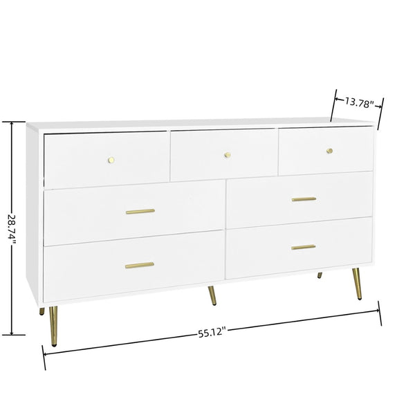 English Elm Seven Drawer Glam Dresser White Lacquer Mdf Body Gold Legs Bedroom Storage Chest W2139P143414