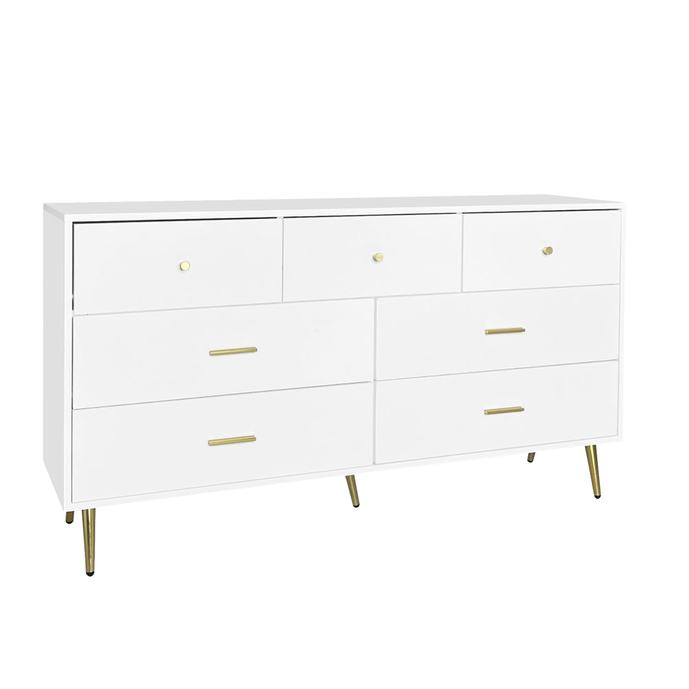 English Elm Seven Drawer Glam Dresser White Lacquer Mdf Body Gold Legs Bedroom Storage Chest W2139P143414