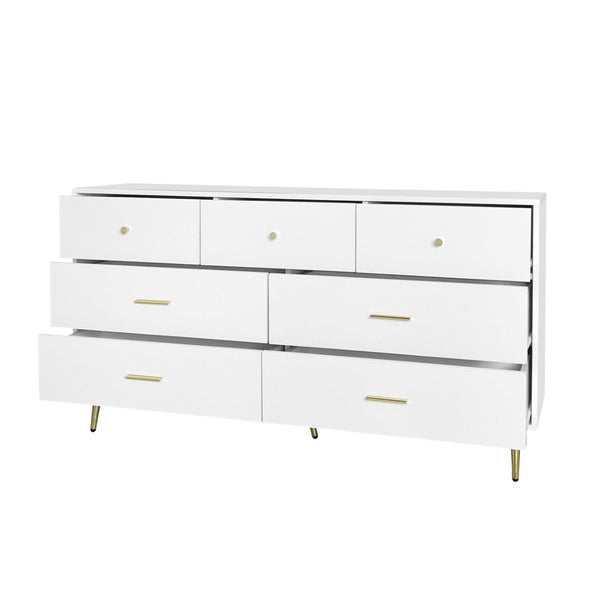English Elm Seven Drawer Glam Dresser White Lacquer Mdf Body Gold Legs Bedroom Storage Chest W2139P143414